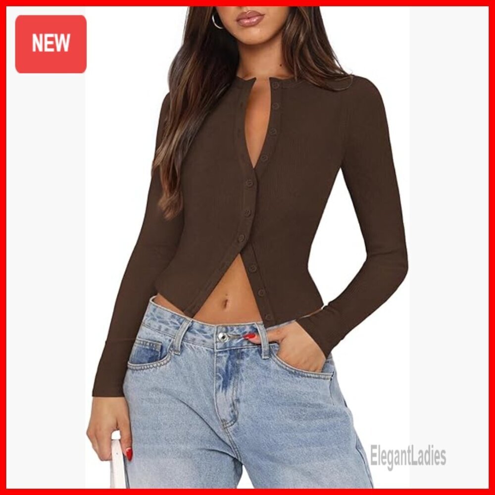 Ribbed Knit Button Down Long Sleeve Top Fitted Cropped Cardigan
